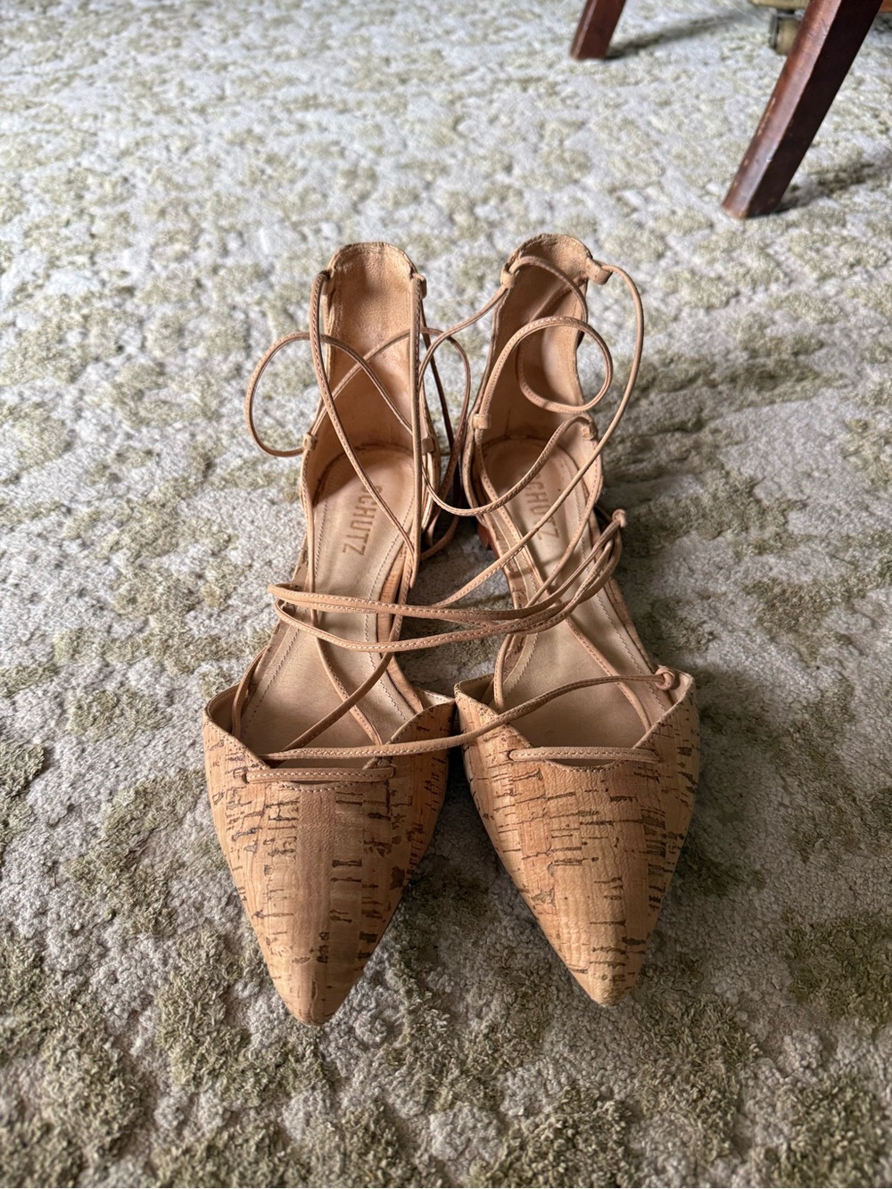 SCHUTZ Cork-Textured Pointed Toe Lace-Up Flats - Tan